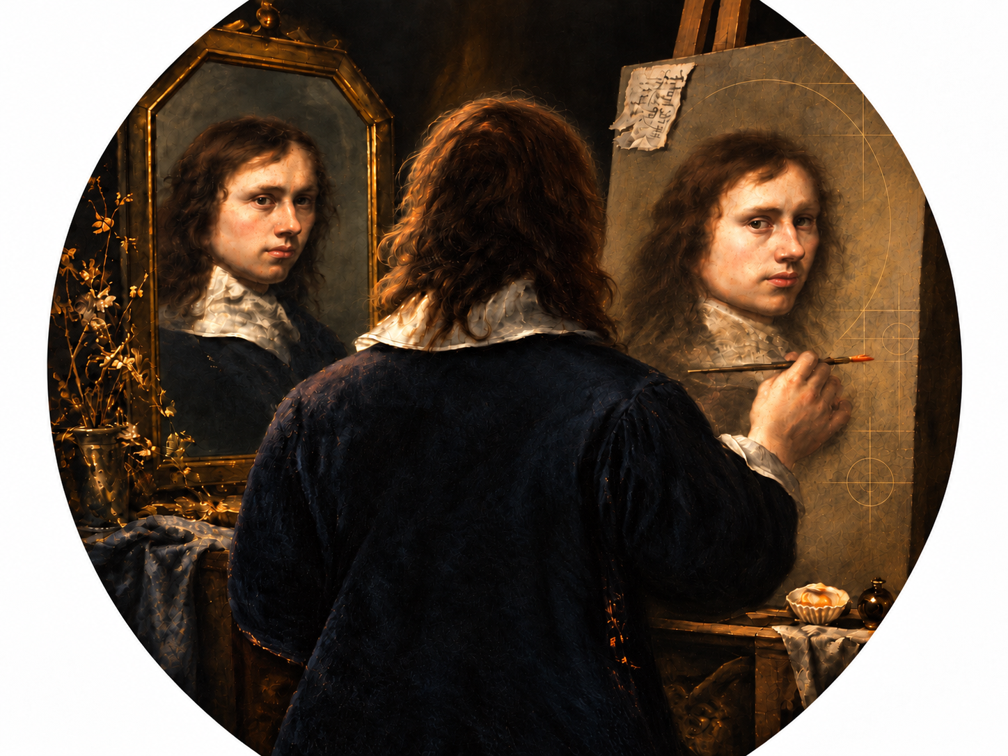A painter facing a portrait and a mirror, used as an illustration for the first Note